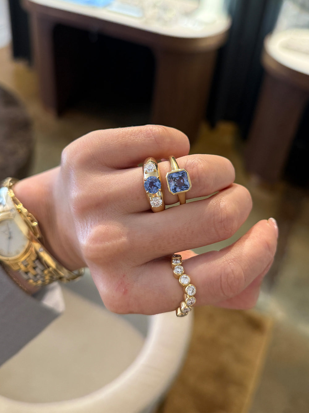 1.11ct Round Sapphire Domed Signet Trilogy Ring