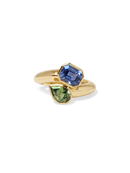3.14cttw Bezel Pear & Emerald Sapphire Jean Toi et Moi Ring