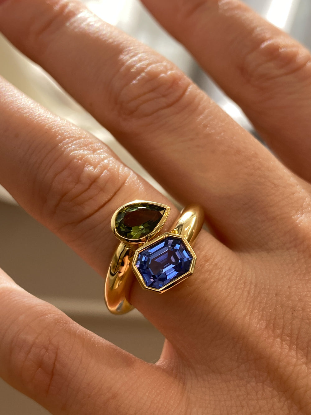 3.14cttw Bezel Pear & Emerald Sapphire Jean Toi et Moi Ring - View 