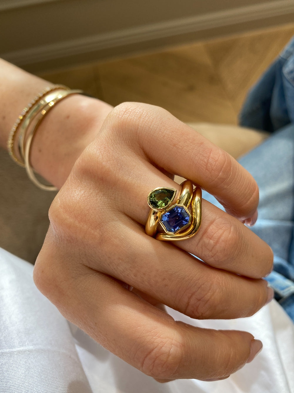 3.14cttw Bezel Pear & Emerald Sapphire Jean Toi et Moi Ring - View 