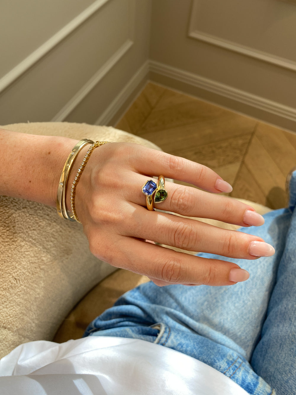 3.14cttw Bezel Pear & Emerald Sapphire Jean Toi et Moi Ring - View 