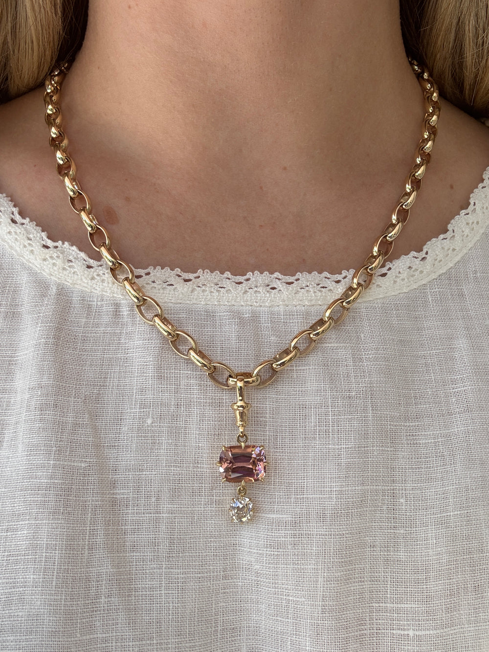 Cushion Tourmaline & Antique Diamond Pendant - View 