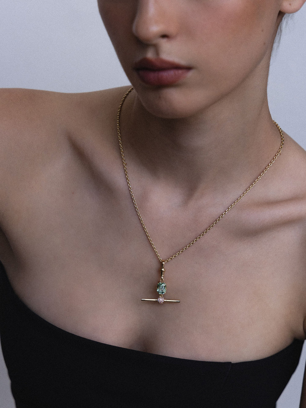 Cushion Tourmaline & Sapphire T-Bar Pendant - View 