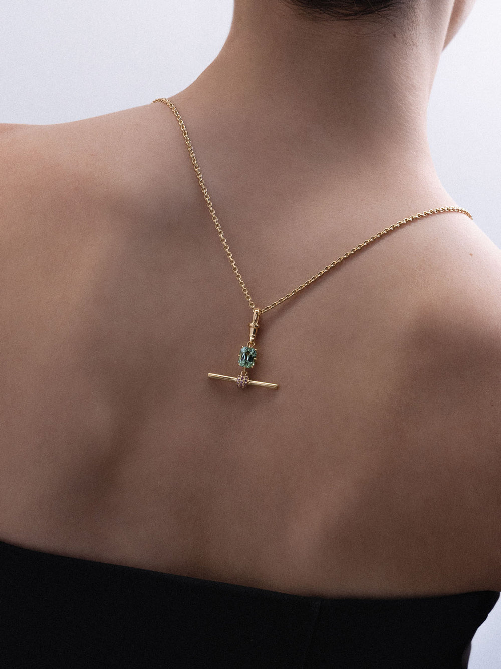 Cushion Tourmaline & Sapphire T-Bar Pendant - View 
