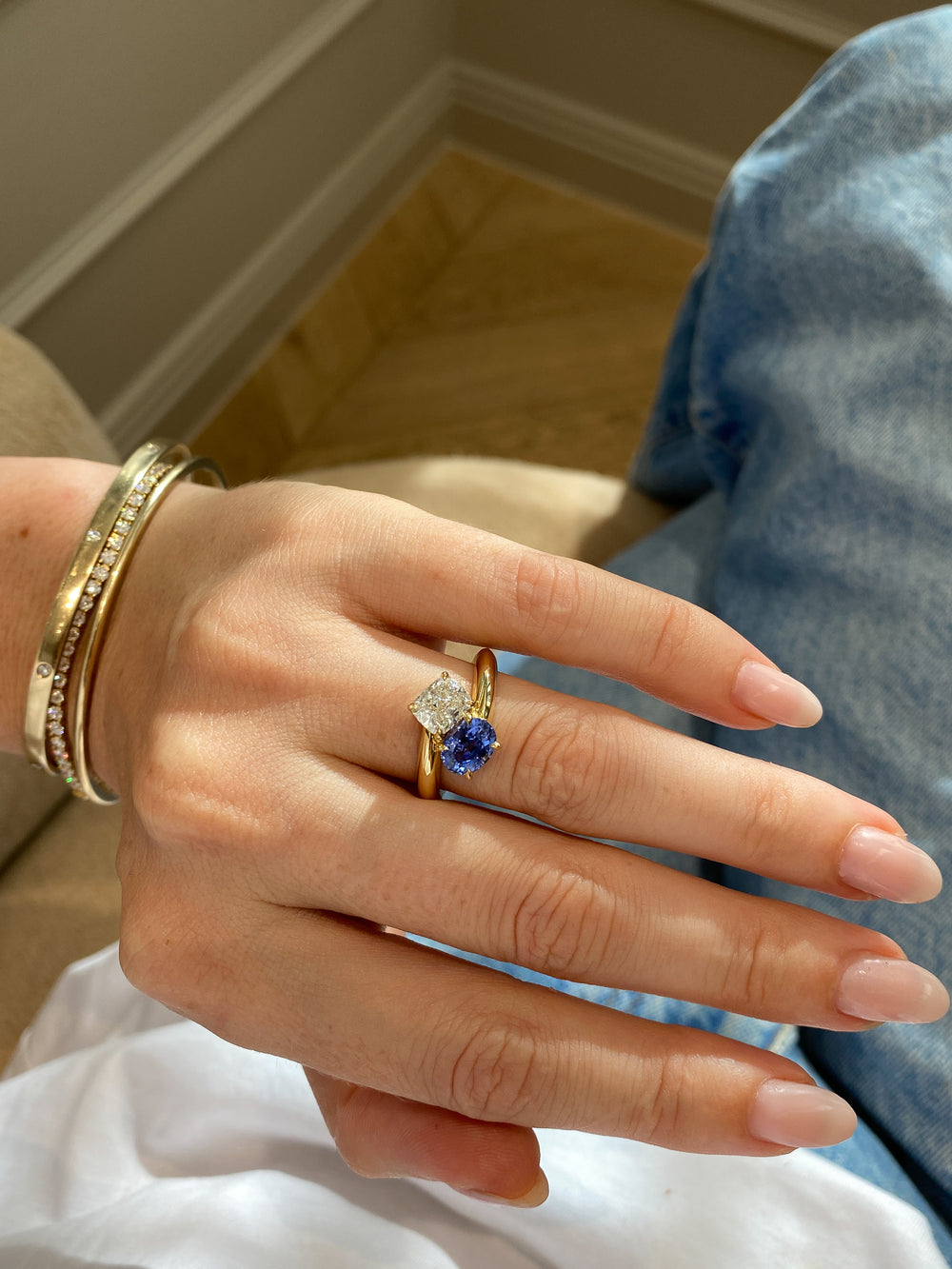 2.82cttw Elongated Cushion & Oval Sapphire Jean Toi et Moi Ring - View 