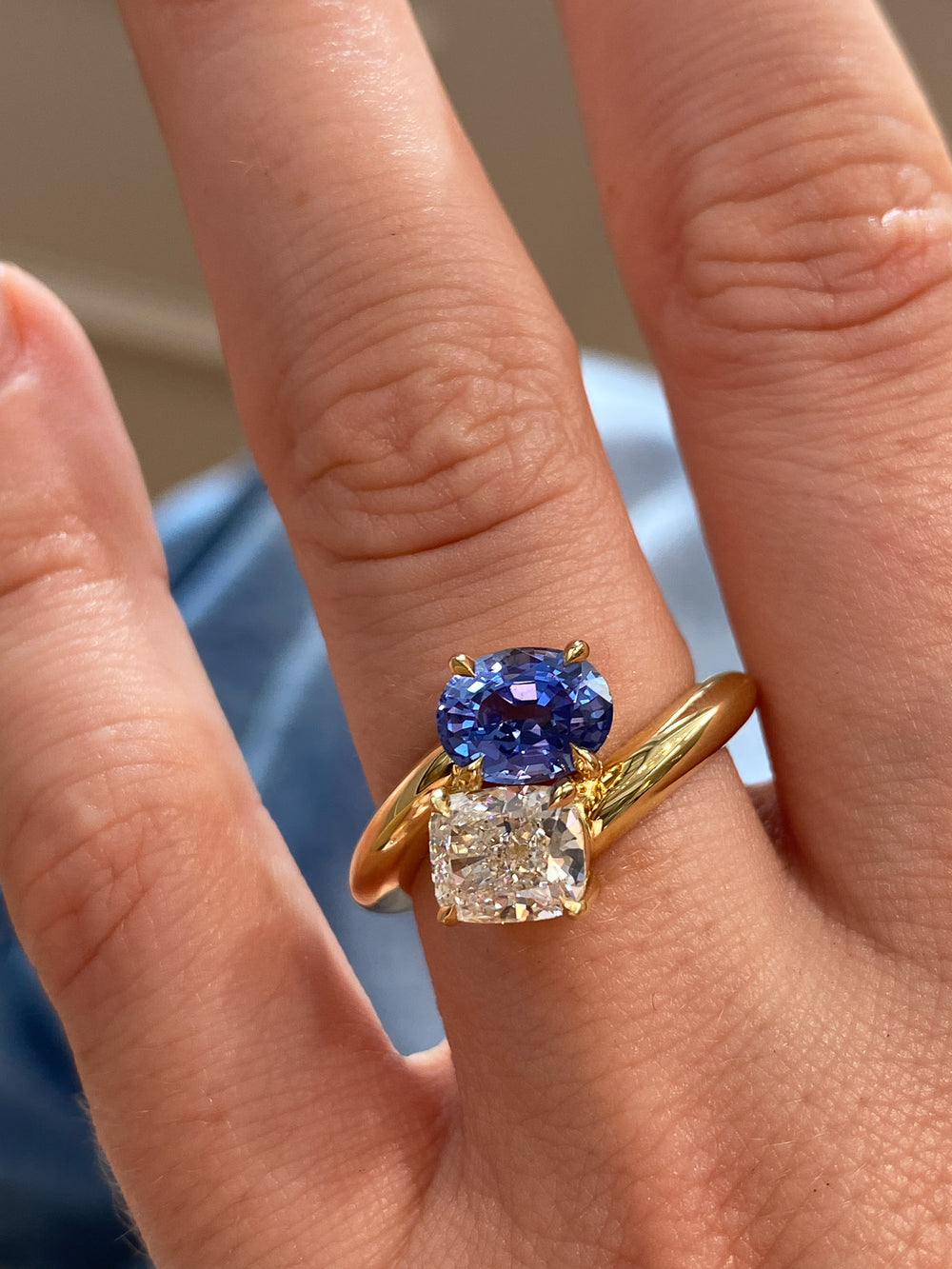 2.82cttw Elongated Cushion & Oval Sapphire Jean Toi et Moi Ring - View 