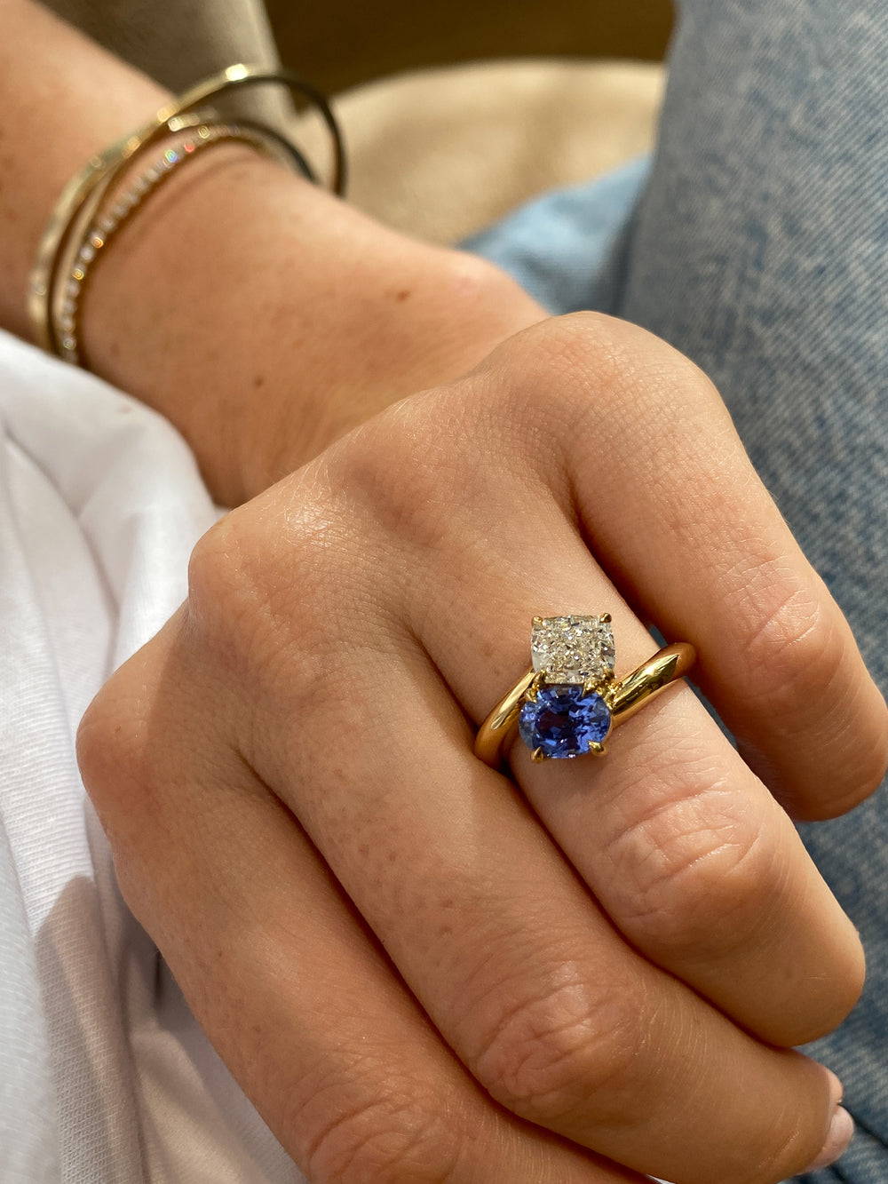 2.82cttw Elongated Cushion & Oval Sapphire Jean Toi et Moi Ring - View 