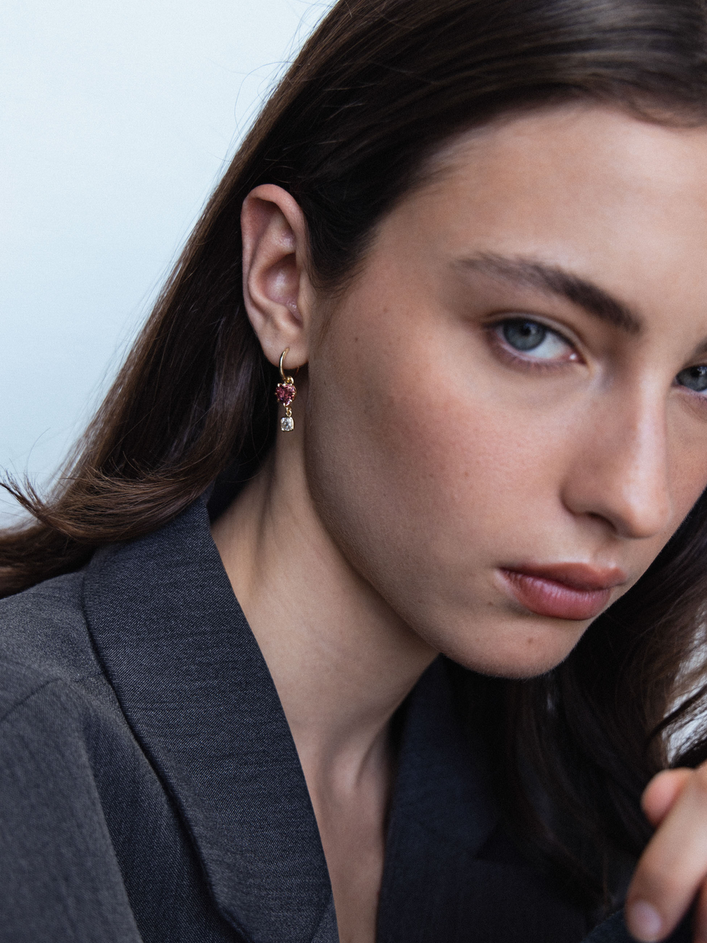 Heart Spinel & Cushion Diamond Drop Earrings - View 