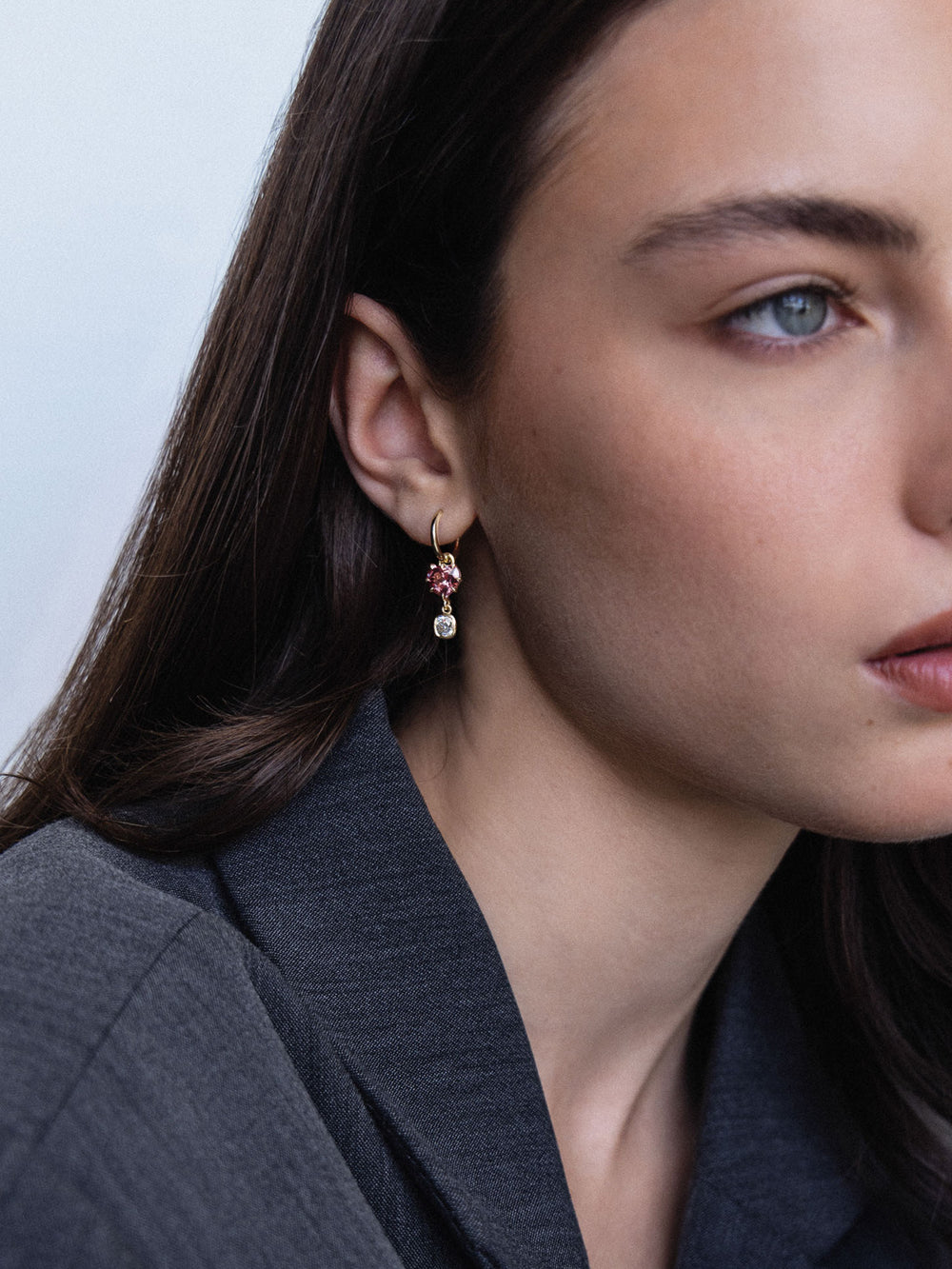 Heart Spinel & Cushion Diamond Drop Earrings - View 