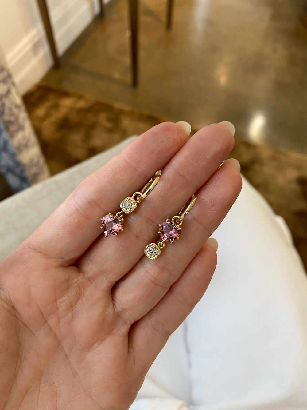 Heart Spinel & Cushion Diamond Drop Earrings - View 