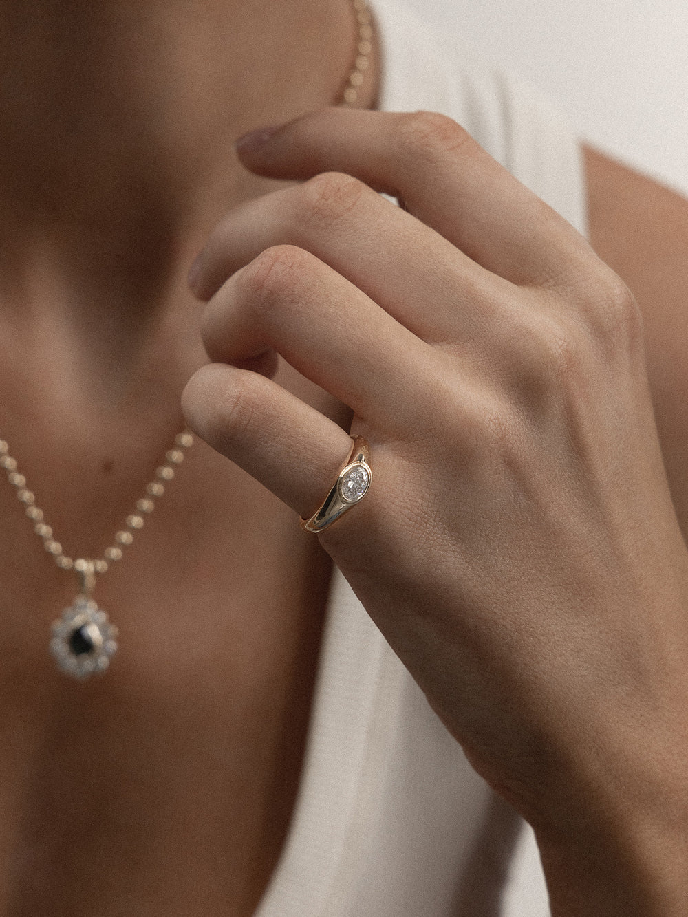 Petite Oval Diamond Signet Ring - View 