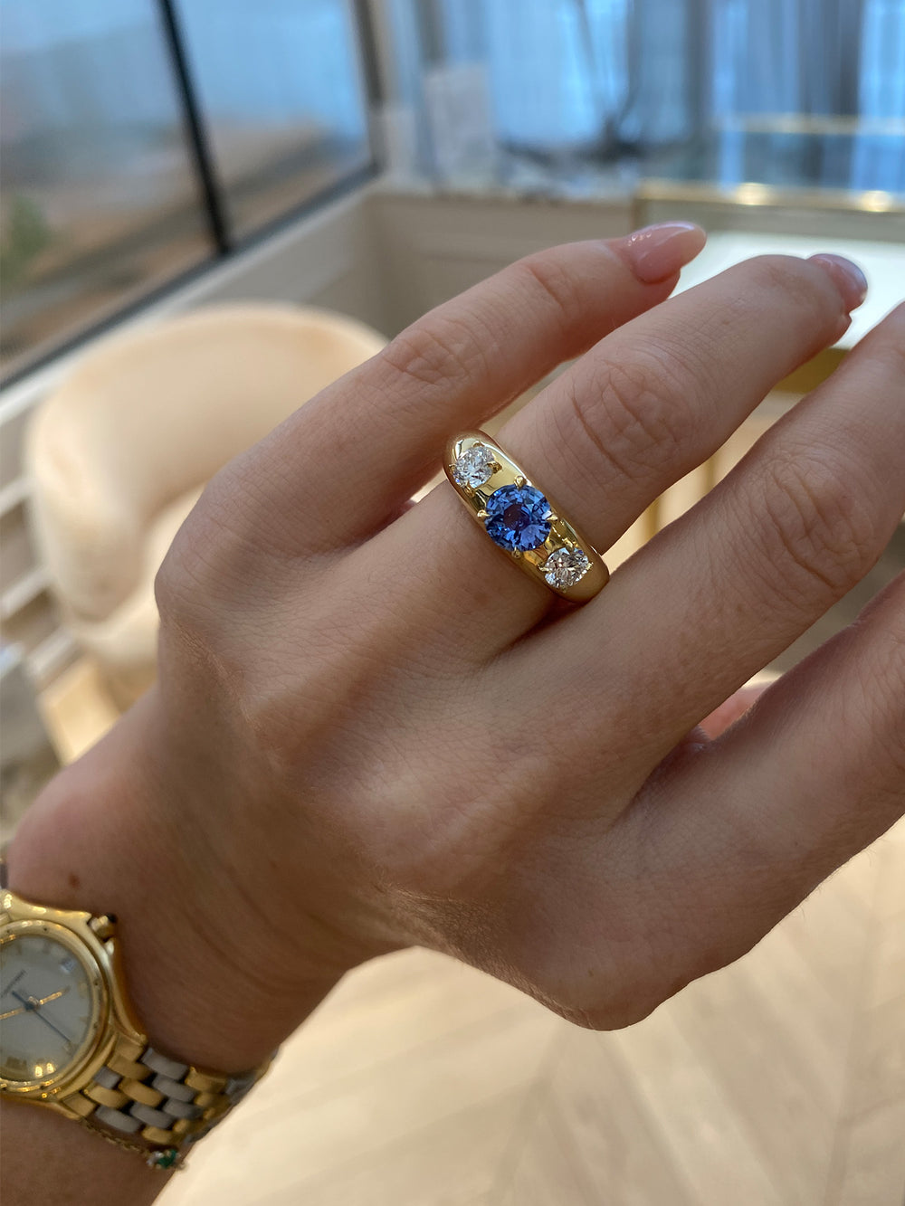 1.11ct Round Sapphire Domed Signet Trilogy Ring