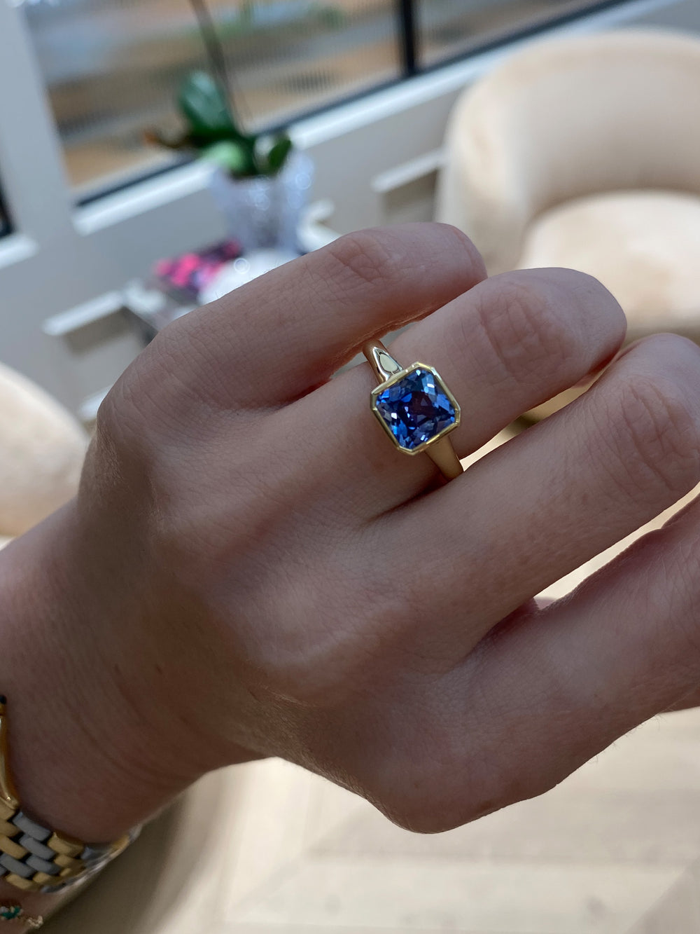 2.90ct Square Radiant Sapphire Bezel Solitaire Ring