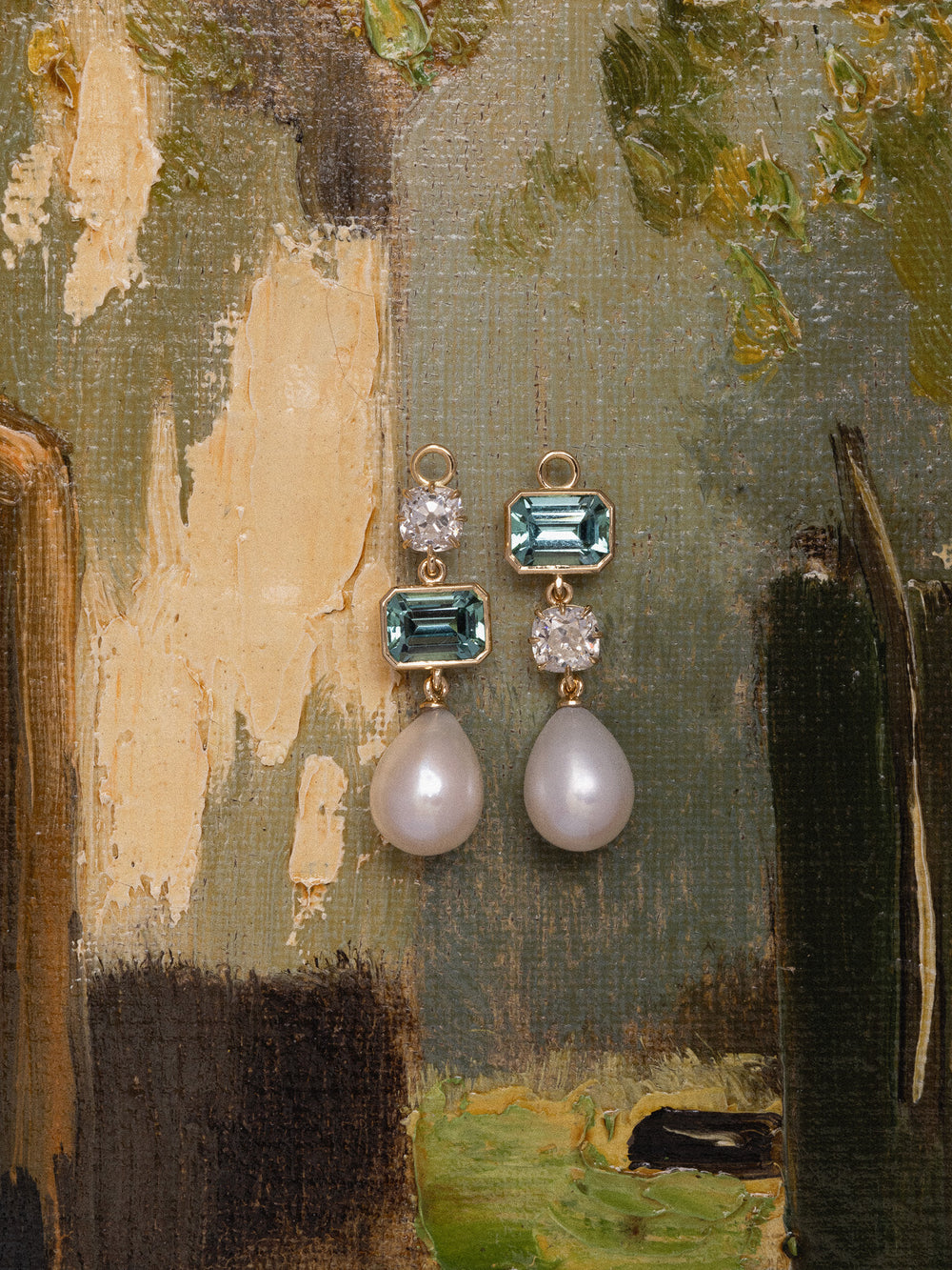 Tourmaline Diamond & Pearl Tiered Drop Earrings - View 